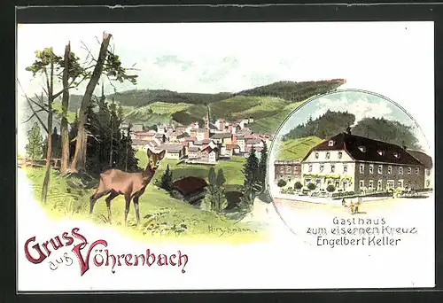 Künstler-AK Vöhrenbach, Gasthaus zum eisernen Kreuz von Engelbert Keller, Panorama