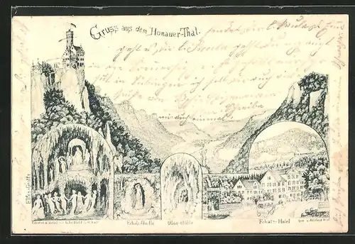 Lithographie Lichtenstein-Honau, Echatz-Hotel, Olga-Höhle, Echatz-Quelle