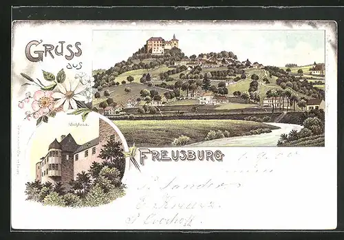 Lithographie Freusburg, Ansicht vom Schloss, Panorama