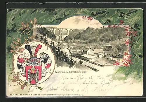 Passepartout-Lithographie Barthmühle, Elsterthalbrücke mit Ortsansicht, Wappen