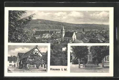 AK Hausen i. W., Hebels des Allemanischen Dichters Heimathaus, Hebel Denkmal, Ortsansicht