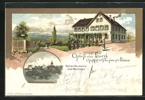 Lithographie Buoch, Gasthof-Pension Zur Krone, Totalansicht