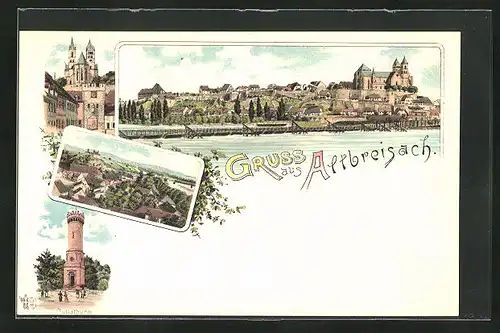 Lithographie Altbreisach, Burg, Tullaturm, Ortsansicht mit Hafen