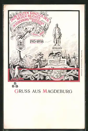 Lithographie Magdeburg, Festpostkarte zum ersten Kanzler des neuen Reiches 1899, Bismarck-Statue