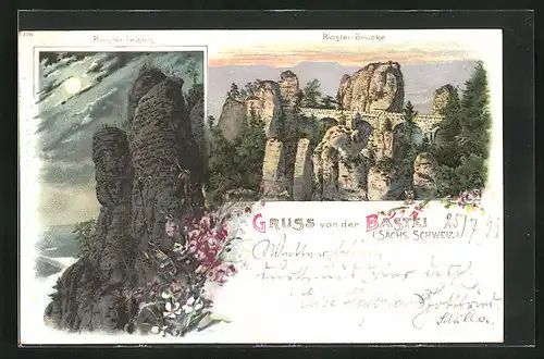 Lithographie Bastei, Bastei-Felsen u. -brücke