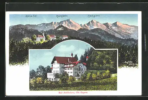 Künstler-AK Eugen Felle: Bad Adelholzen, Hotel, Ortsansicht mit Maria Eck, Hochfelln u. Hochgern