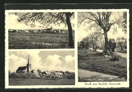 AK Beulich /Hunsrück, Kirche, Bildstock, Totalansicht