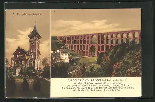 AK Reichenbach i. V., Gasthaus Zur schönen Aussicht, Göltzschtalbrücke