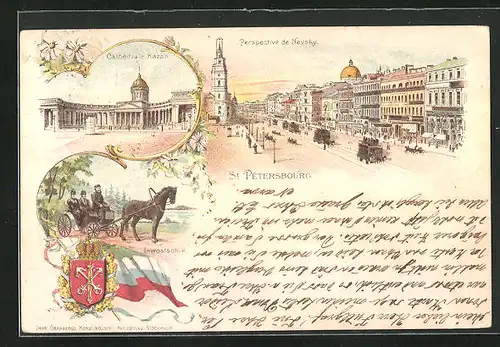Lithographie St. Petersburg, Cathédrale Kazan, Iswostschik, Perspective de Nevsky