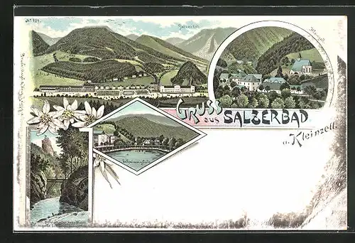 Lithographie Kleinzell, Schwimmschule, Ortsansicht von Salzerbad mit Berge