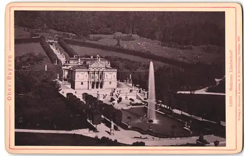 Fotografie Römmler & Jonas, Dresden, Ansicht Ettal, Schloss Linderhof, Schlosspark mit Teich und Fontäne