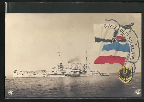 AK Kriegsschiff SMS Ostfriesland, Reichskriegsflagge und Wappen