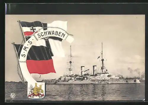 AK Kriegsschiff SMS Schwaben, Reichskriegsflagge und Wappen