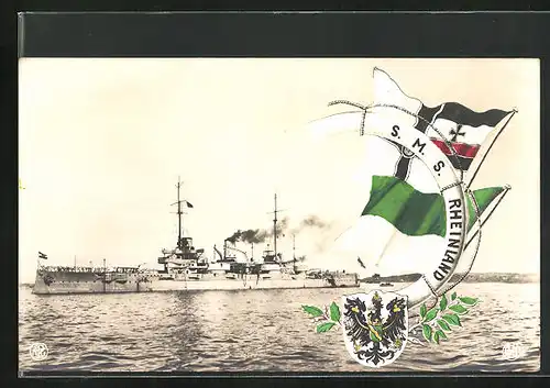 AK Kriegsschiff SMS Rheinland, Reichskriegsflagge und Wappen