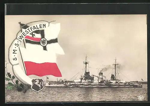 AK Kriegsschiff SMS Westfalen, Reichskriegsflagge und Wappen