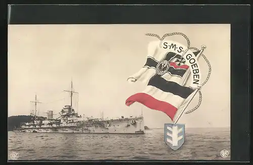 AK Kriegsschiff SMS Goeben, Reichskriegsflagge und Wappen