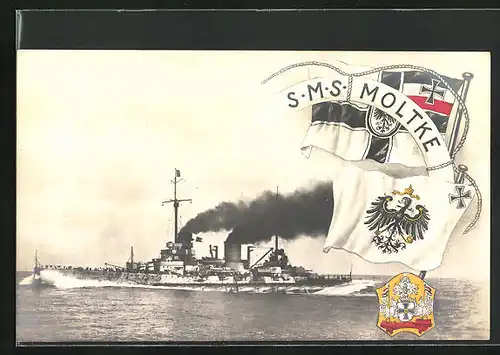 AK Kriegsschiff SMS Moltke, Reichskriegsflagge und Wappen