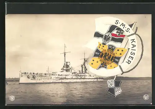 AK Kriegsschiff SMS Kaiser, Reichskriegsflagge und Wappen