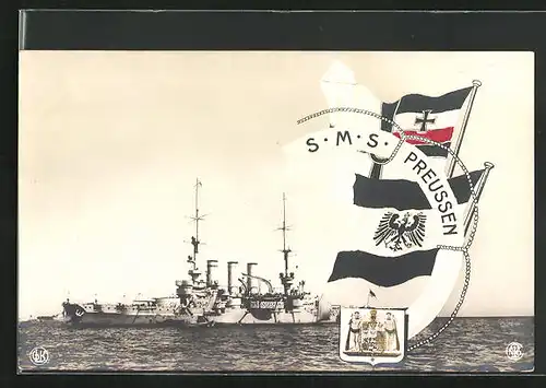 AK Kriegsschiff SMS Preussen, Reichskriegsflagge und Wappen