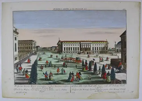 Kupferstich Guckkastenblatt Berlin, Prospect des Kgl. Opernhauses, altkoloriert um 1760 von G. B. Probst, 35 x 51cm