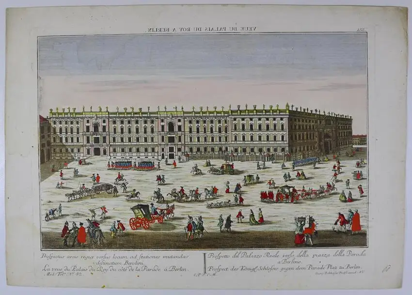 Kupferstich Guckkastenblatt Berlin, Prospect des Kgl. Schlosses, altkoloriert um 1760 von G. B. Probst, 35 x 51cm 0