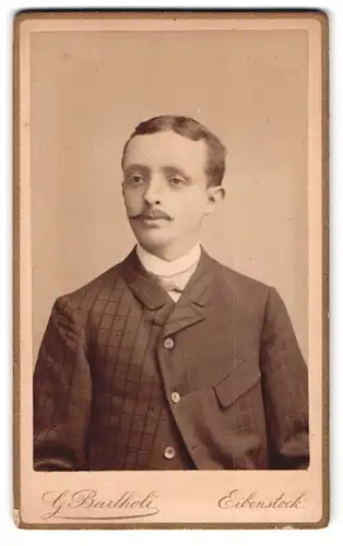 Fotografie G. Bartholi, Eibenstock, Schönheiderstr. 367, Portrait Mann im karierten Anzug mit Moustache