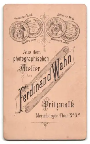Fotografie Ferdinand Wahn, Pritzwalk, Meyenburger Thor 3a, Portrait ältere Dame im Biedermeierkleid mit Kopfschmuck