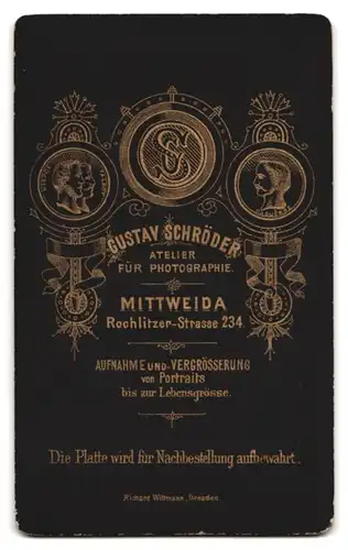 Fotografie Gustav Schröder, Mittweida, Rochlitzer-Str. 234, Portrait Dame im dunklen Kleid mit Spitzenkragen