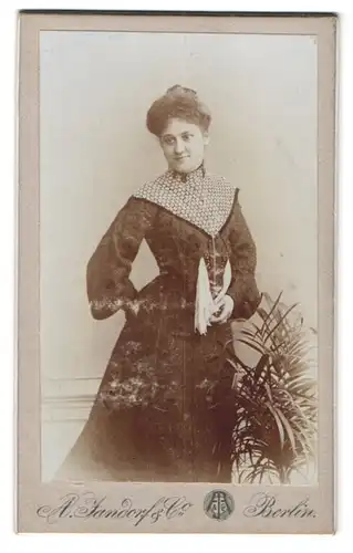 Fotografie A. Jandorf & Co., Berlin, Bellealliancestr. 1 /2, Portrait Dame im schwarzen Kleid mit Spitzenkragen