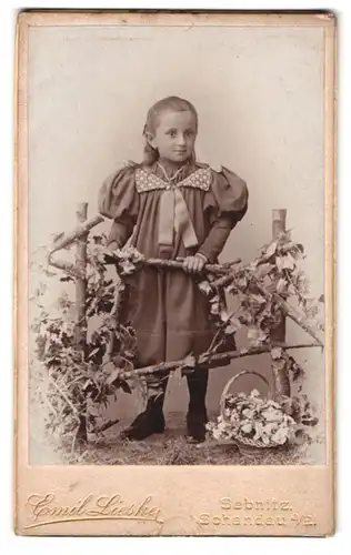 Fotografie Emil Lieske, Sebnitz, Pfarrgarten, Portrait kleines Mädchen im Kleid mit Schleife und Puffärmeln