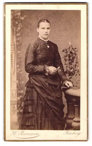 Fotografie H. Reimann, Freiberg, Weingasse 9, kräftige bürgerliche Dame in elegantem Kleid