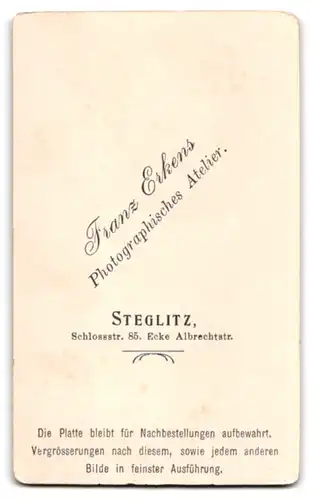 Fotografie Franz Erkens, Steglitz, Schlossstrasse 85 Ecke Albrechtstrasse, Portrait bürgerlicher Herr mit Oberlippenbart