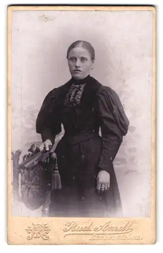 Fotografie Rud. Arndt, Aschersleben, Wilhelmstr. 1, Dame im dunklen Kleid in stehender Pose