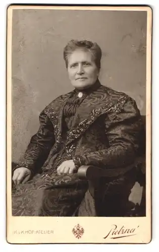 Fotografie C. Pietzner, Wien, Mariahilferstr. 3, Portrait hübsche Dame im elegant gerüschten und bestickten Kleid