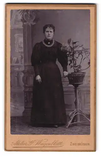 Fotografie J. Wagenblatt, Zweibrücken, Portrait brünette Dame mit Brosche am Kleiderkragen