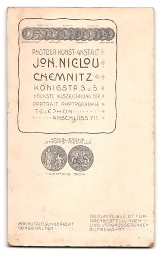 Fotografie Joh. Niclou, Chemnitz, Königstr. 3 & 5, Portrait eines elegant gekleideten Paares