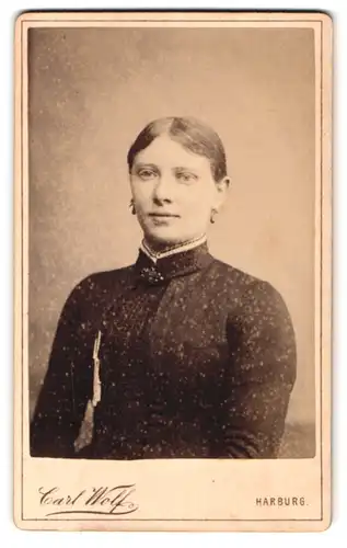 Fotografie Carl Wolf, Harburg, Portrait bildschönes Fräulein mit eleganter Brosche am Kleiderkragen