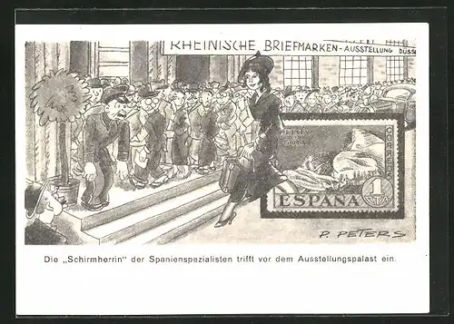 Künstler-AK Düsseldorf, Rheinische Briefmarken-Ausstellung 1936, Die Schirmherrin der Spanienspezialisten..., Ganzsache