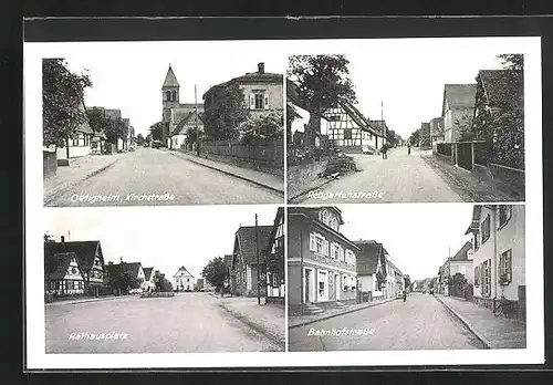 AK Oetigheim, Ansichts der Bahnhofstrasse, Rebgartenstrasse, Rathausplatz