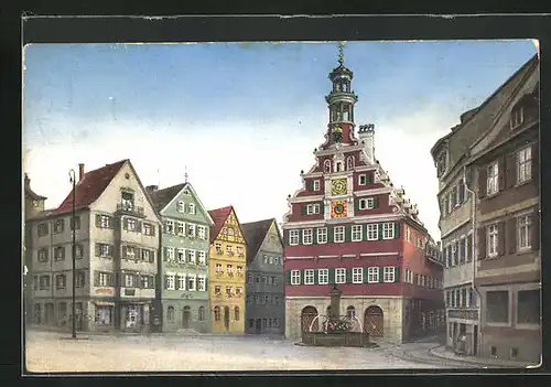 AK Esslingen, Marktplatz mit Rathaus und Brunnen