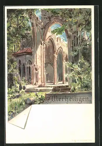 Lithographie Allerheiligen, Ruine einer Kirche im Sonnenschein