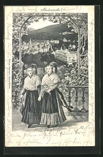 AK Badenweiler, Ortsansicht, zwei Frauen in Tracht