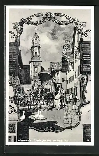 AK Mittenwald, Freskogemälde am Hotel Post