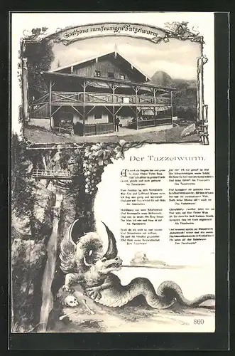 AK Oberaudorf, Gasthaus zum feurigen Tatzelwurm mit Gedicht