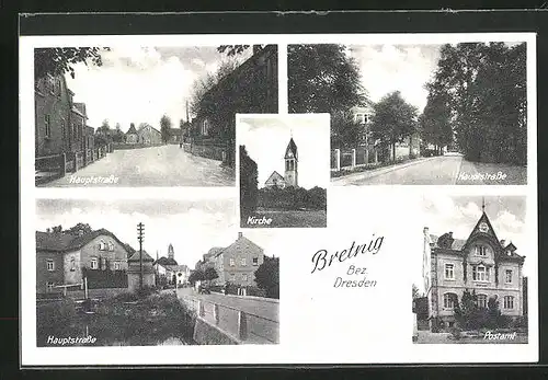 AK Bretnig, Postamt, Hauptstrasse, Kirche