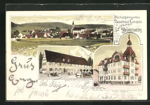 Lithographie Dürrheim, Gasthof zum Kreuz, Hotel Kreuz, Totalansicht