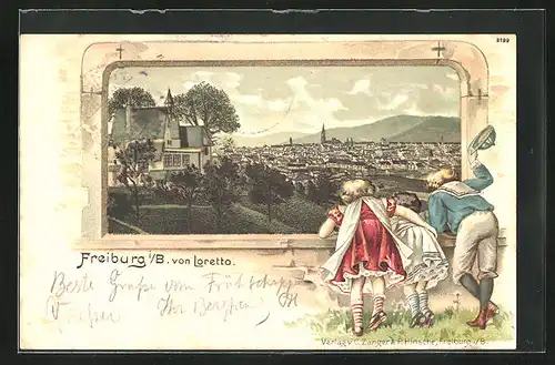 Passepartout-Lithographie Freiburg, Kinder gucken auf die Stadt