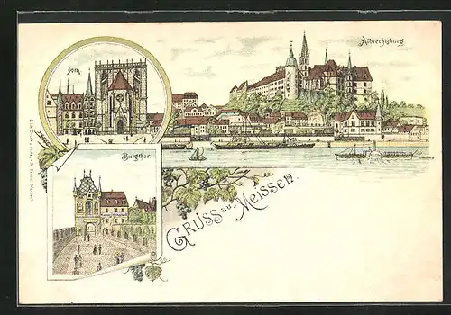 Lithographie Meissen, Dom, Burgthor, Albrechtsburg