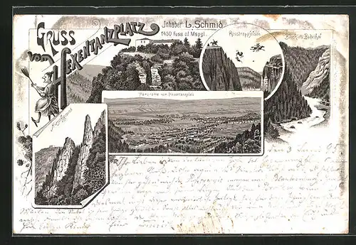Vorläufer-Lithographie Thale, 1895, Hotel auf dem Hexentanzplatz, Panorama vom Hexentanzplatz aus, Rosstrappfelsen