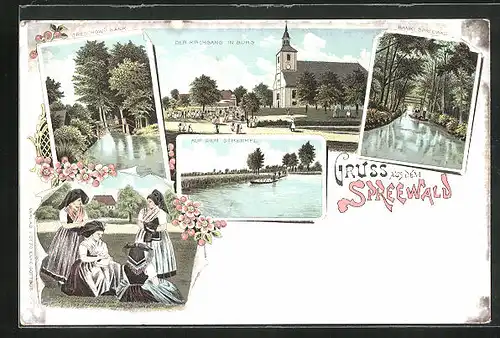 Lithographie Burg /Spreewald, Der Kirchgang, Greschow`s Bank, auf dem Strenkel